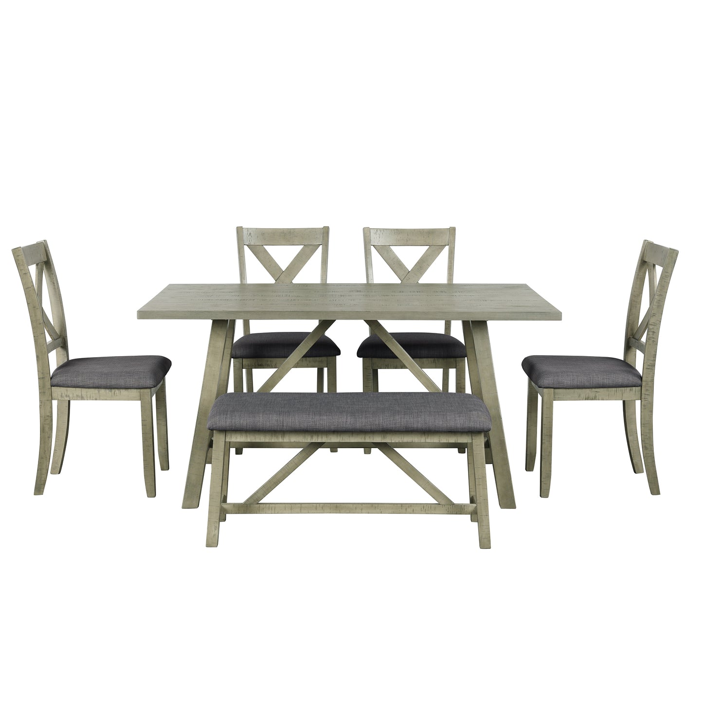 TOPMAX 6 Piece Dining Table Set Wood Dining Table and chair Kitchen Table Set with Table, Bench and 4 Chairs, Rustic Style, Gray(No Difference with SH000109AAE)