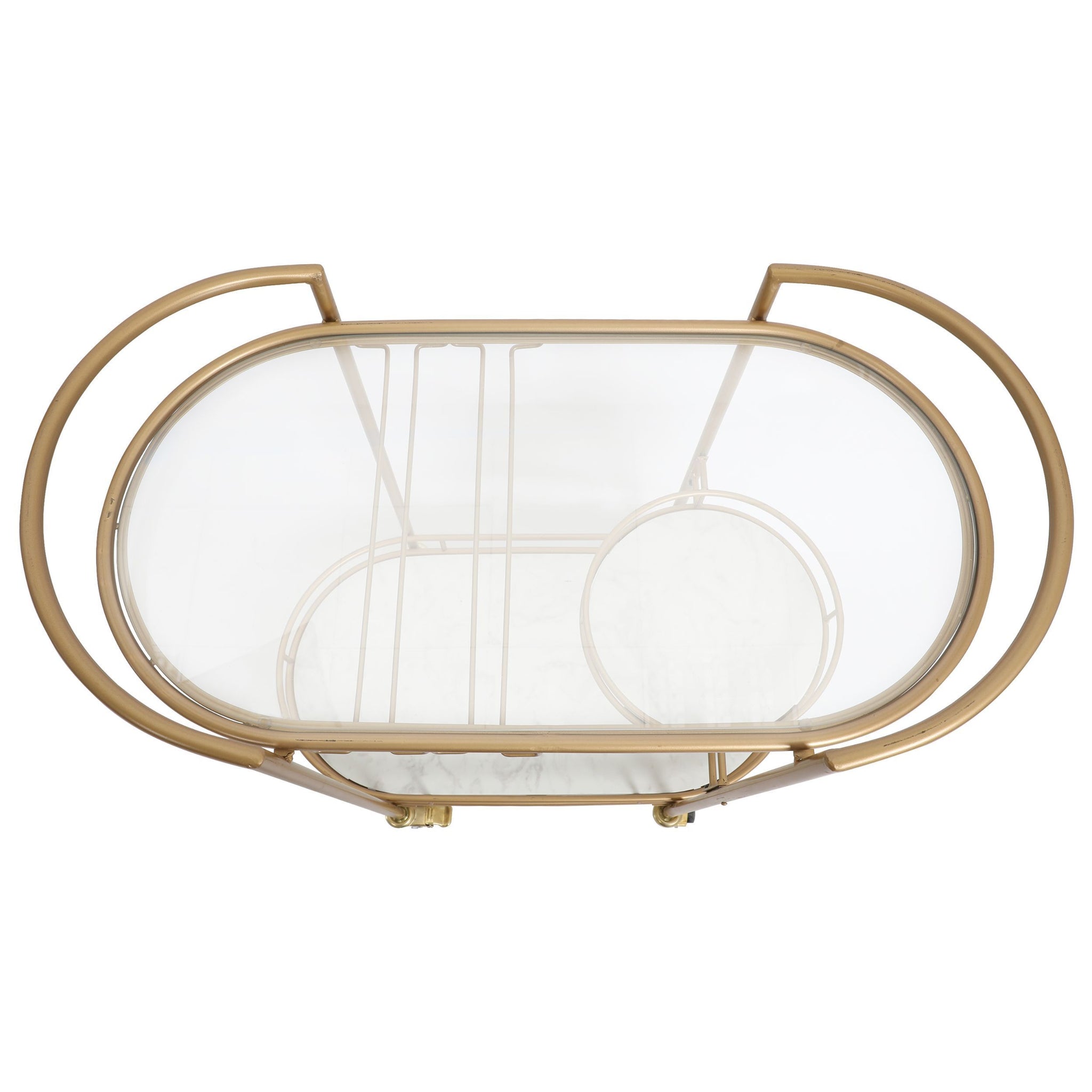 30 Inch 3 Tier Bar Cart with Matte Gold Metal Frame, White Marble and Glass Shelves