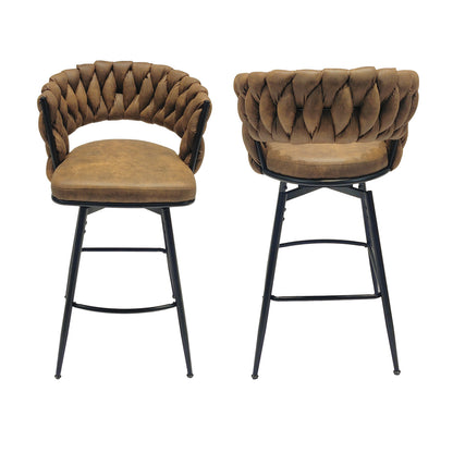 Technical Leather Woven Bar Stool Set of 2,Black legs Barstools No Adjustable Kitchen Island Chairs,360 Swivel Bar Stools Upholstered Bar Chair Counter Stool Arm Chairs with Back Footrest, (Brown)