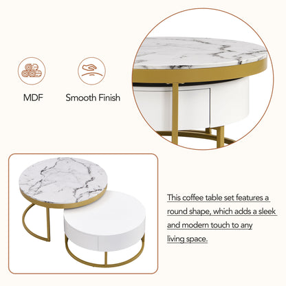 Modern Round  Nesting Coffee Table with Drawers in White