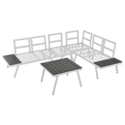 TOPMAX Industrial 5-Piece Aluminum Outdoor Patio Furniture Set, Modern Garden Sectional Sofa Set with End Tables, Coffee Table and Furniture Clips for Backyard, White+Grey