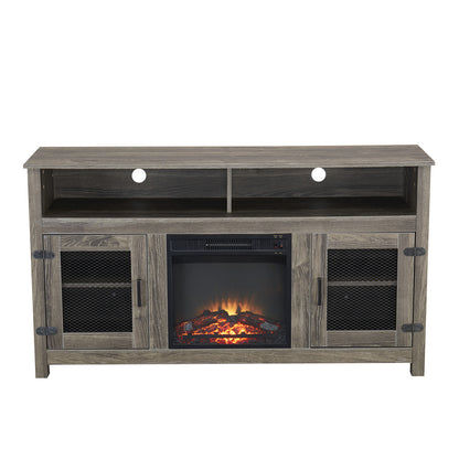 Modern Farmhouse TV Stand with Electric Fireplace, Fit up to 65" Flat Screen TV with Storage Cabinet and Adjustable Shelves Industrial Entertainment Center for Living Room, Grey