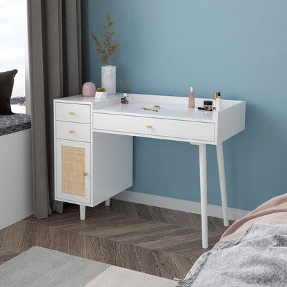 Makeup Vanity with Drawers, Mid-Century Dressing Table White Wood Desk with Rattan Door