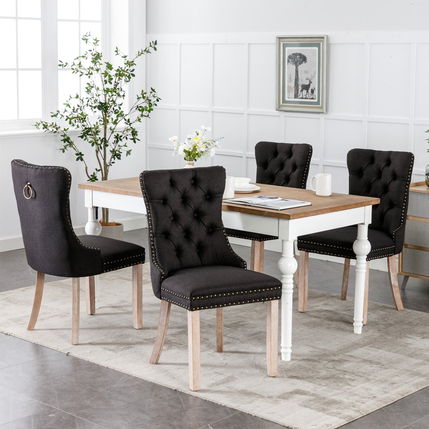 Nikki Collection Modern, High-end Tufted Solid Wood Contemporary Flax Upholstered Linen Dining Chair with Wood Legs Nailhead Trim 2-Pcs Set,Black Linen, SW6801BK