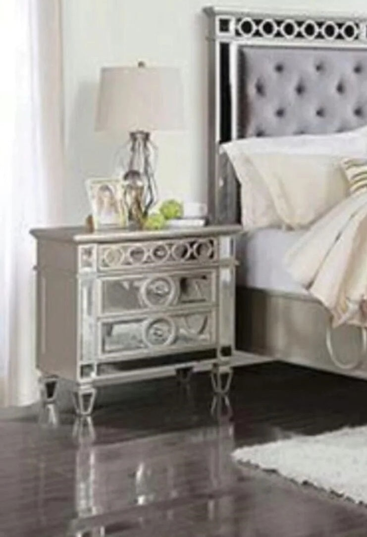 Champagne Finish 1pc Nightstand Only Glam Style Solid wood 2-Drawers Crystal-like Acrylic Knob Mirror Panels Ball-bearing Glides