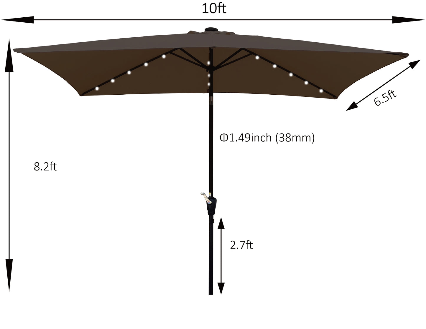 10 x 6.5t Rectangular Patio Umbrella Solar LED Lighted Outdoor Market Table Waterproof Umbrellas Sunshade with Crank and Push Button Tilt for Garden Deck Backyard Pool Shade Outside Deck Swimming Pool