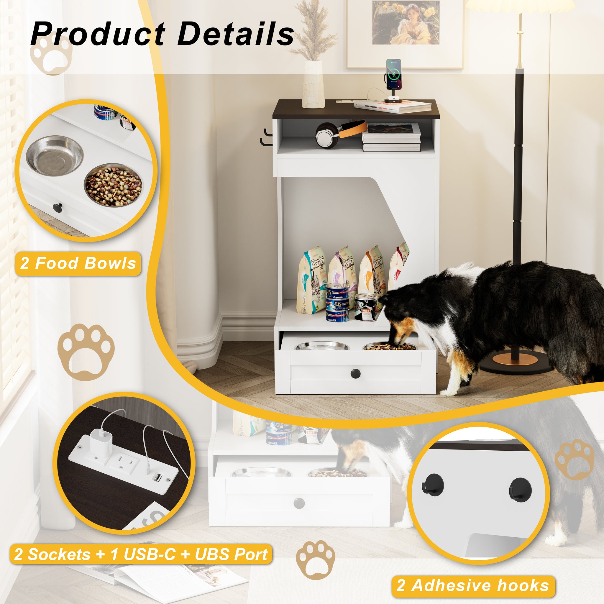 Glavbiku 3 in 1 Pet Feeding Station with Bowl,Nightstand with ower Outlet,End Table with Hooks