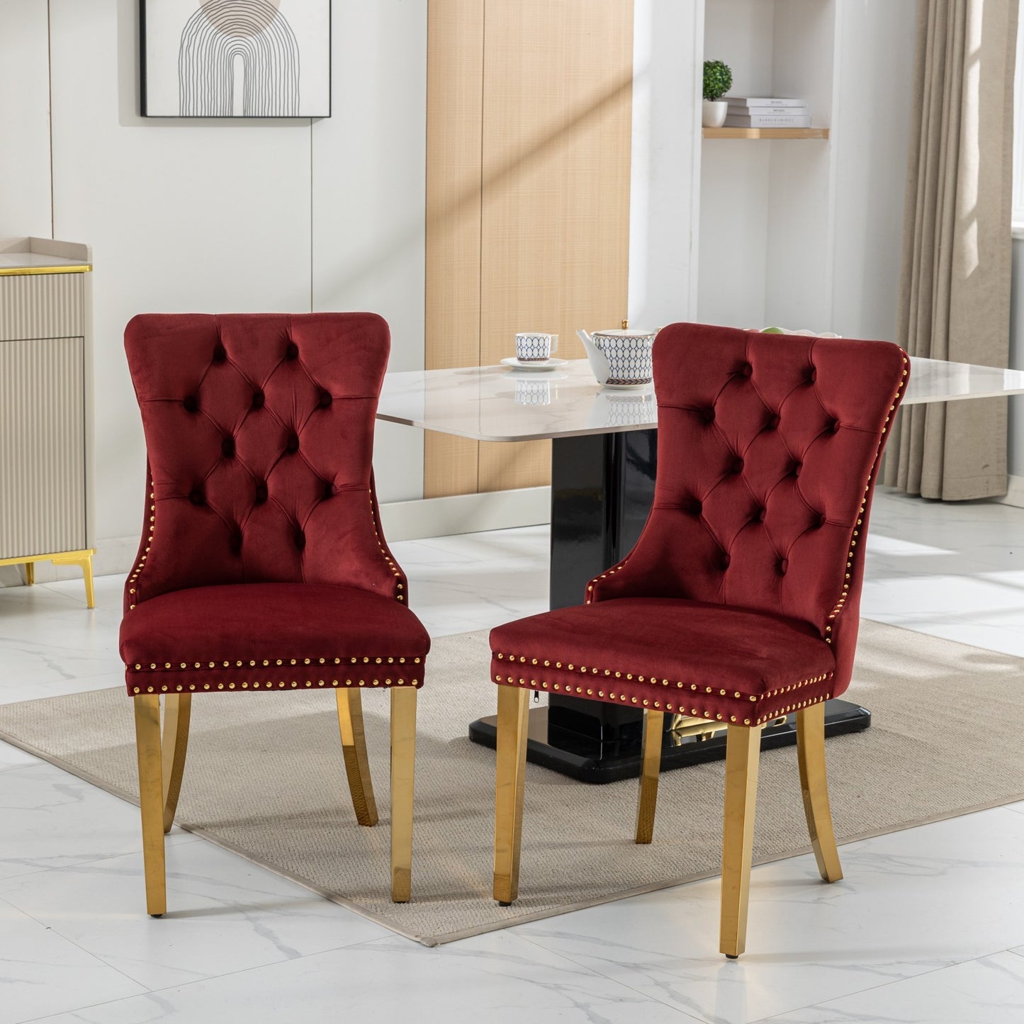 Nikki Collection Modern, High-end Tufted Solid Wood Contemporary Velvet Upholstered Dining Chair with Golden Stainless Steel Plating Legs,Nailhead Trim,Set of 2,Wine Red and Gold, SW1601WR,Burgundy