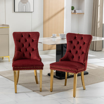 Nikki Collection Modern, High-end Tufted Solid Wood Contemporary Velvet Upholstered Dining Chair with Golden Stainless Steel Plating Legs,Nailhead Trim,Set of 2,Wine Red and Gold, SW1601WR,Burgundy