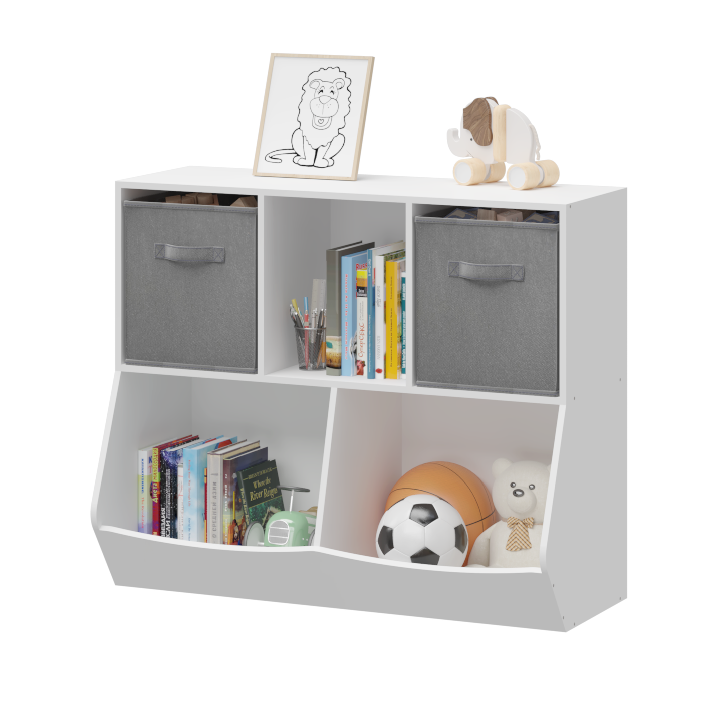 Kids Bookcase with Collapsible Fabric Drawers, Children's Toy Storage Cabinet for Playroom, Bedroom, Nursery, School, White/Gray