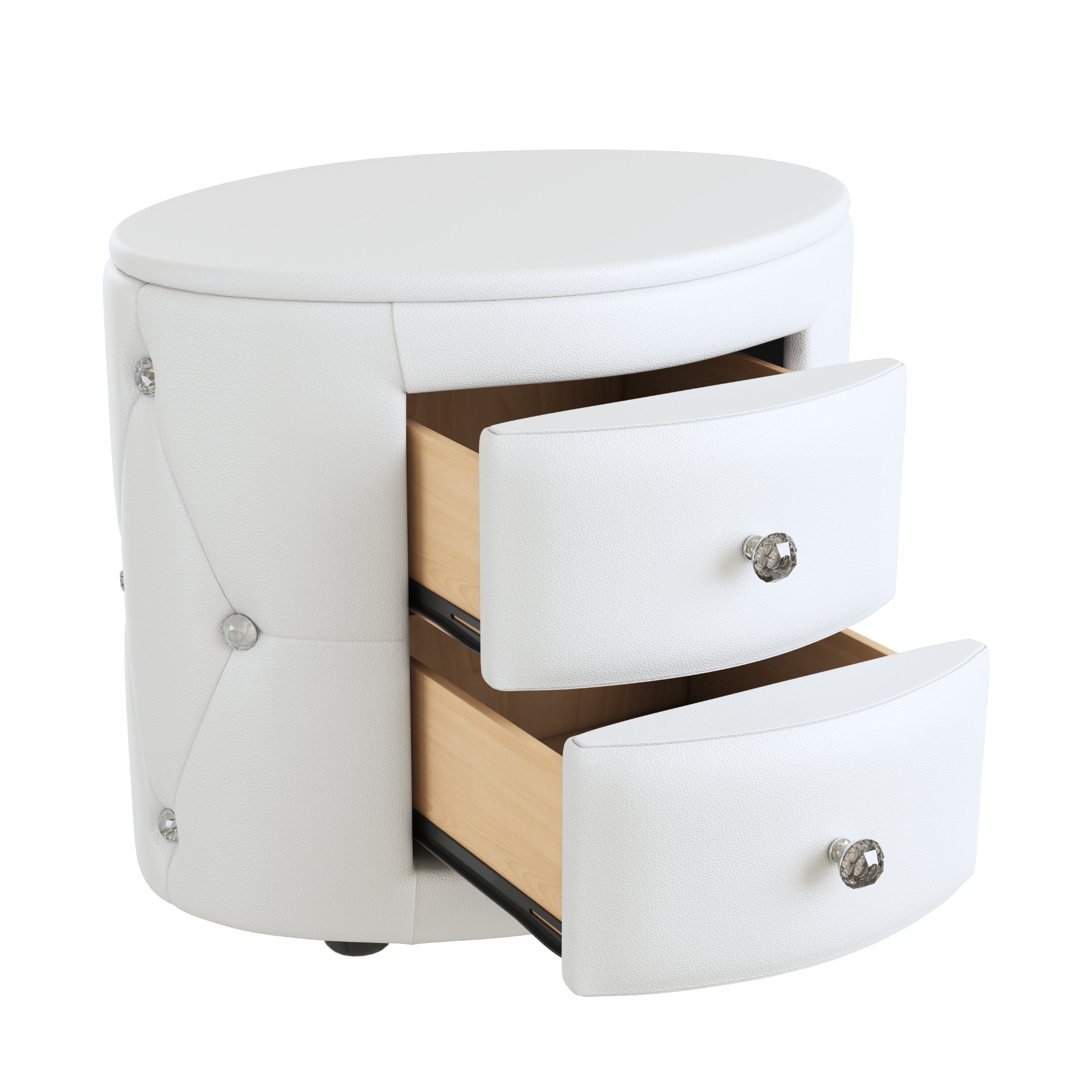 Elegant PU Nightstand with 2 Drawers and Crystal Handle,Fully Assembled Except Legs&Handles,Storage Bedside Table - White