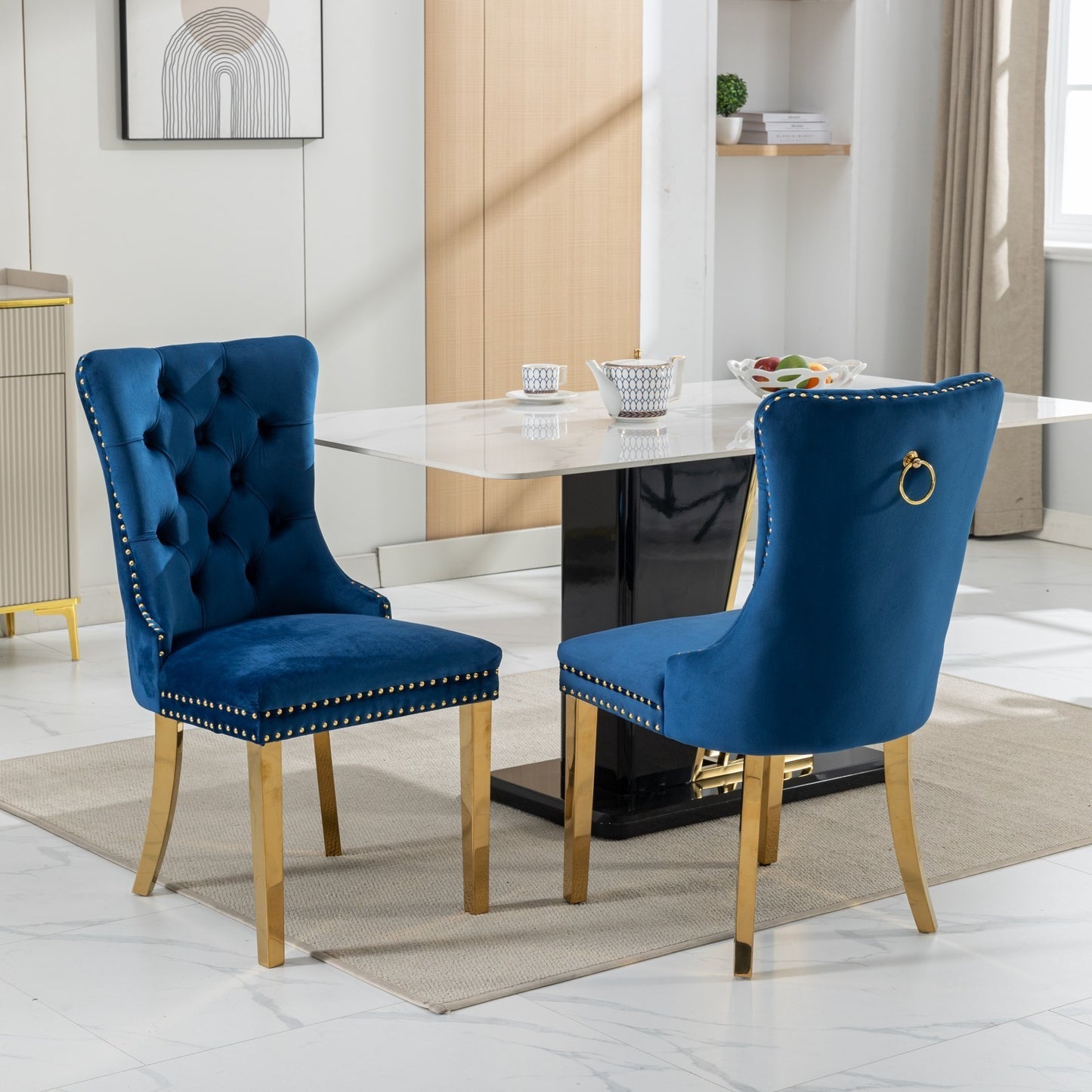 A&A Furniture,Nikki Collection Modern, High-end Tufted Solid Wood Contemporary Velvet Upholstered Dining Chair with Golden Stainless Steel Plating Legs,Nailhead Trim,Set of 2,Blue and Gold, SW1601BL