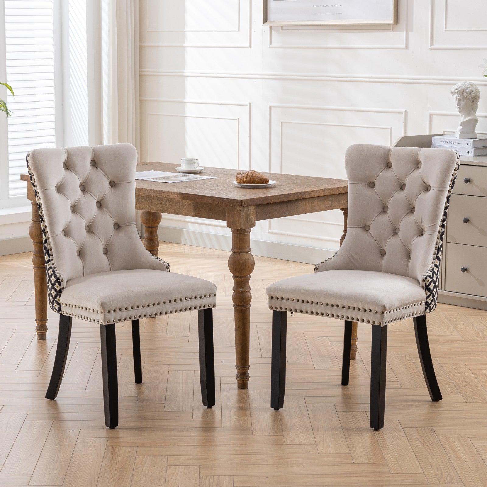 Classic Velvet Dining Chairs,  High-end Tufted Solid Wood Contemporary Velvet Upholstered Dining Chair with Wood Legs Nailhead, SET OF 2,Beige and Patterned,SW2201BG