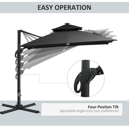 10FT Cantilever Patio Umbrella with Solar LED Lights, Double Top Square Outdoor Offset Umbrella with 360° Rotation, 4-Position Tilt, Crank & Cross Base for Garden, Deck, Pool, Dark Gray