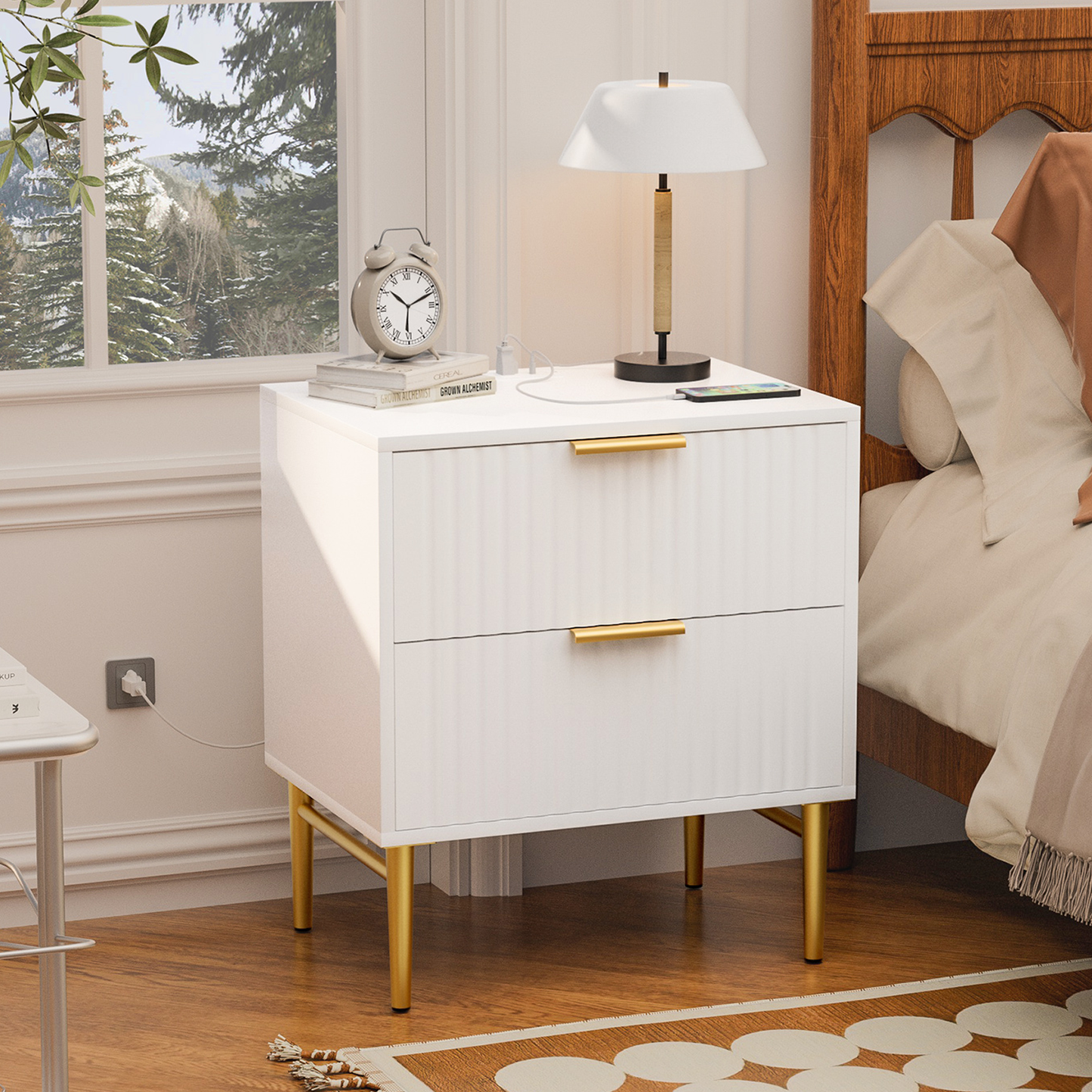 Glavbiku Modern 2 Drawers Nightstands,Wood Bedside Table with Charging,White,Adult