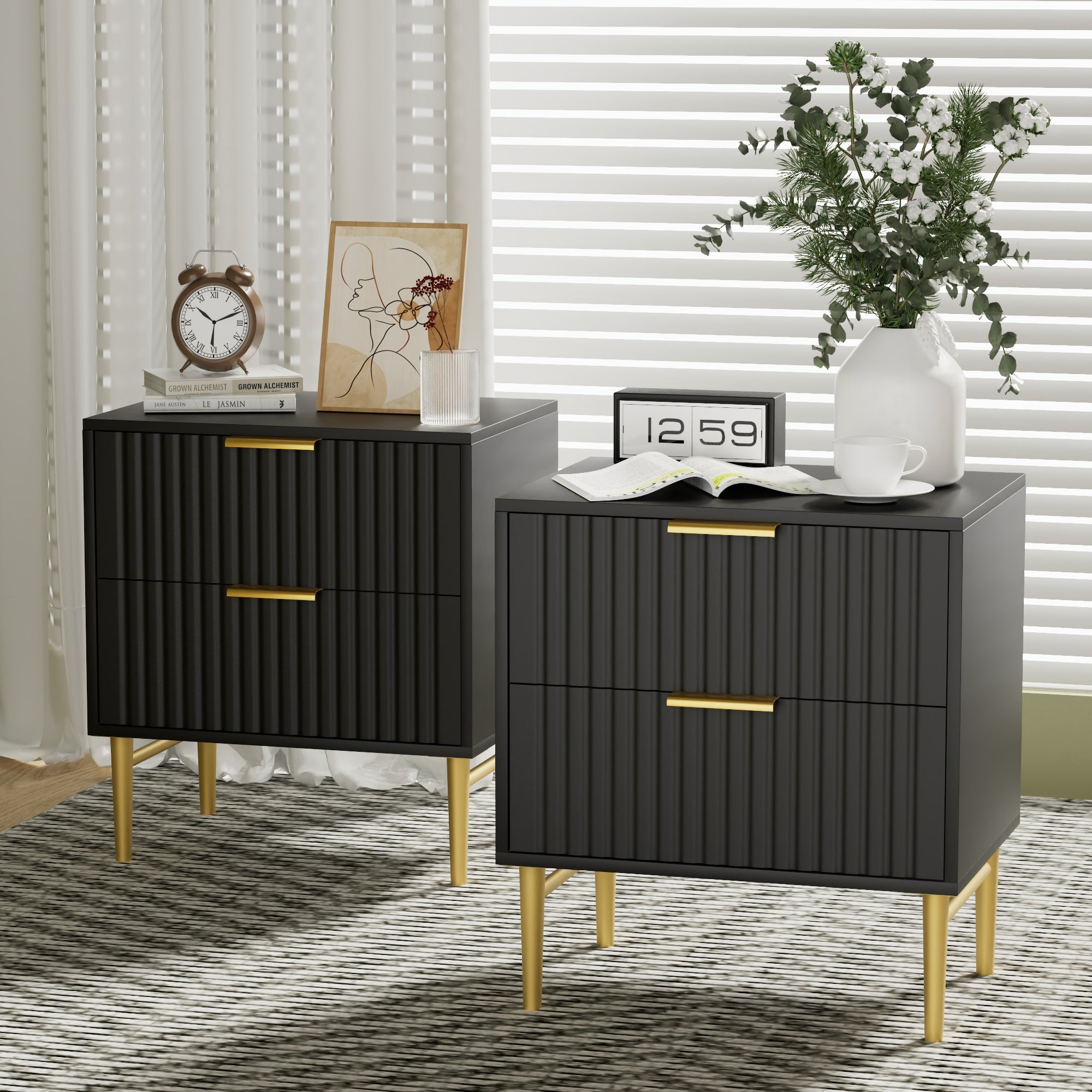 Glavbiku Modern Nightstand with 2 Drawer,Fluted Bedside Table with Golden Legs,Black,Adult,23.5" H