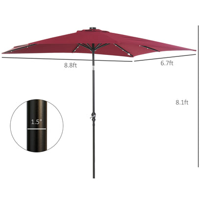 Outsunny 9' x 7' Solar Umbrella, LED Lighted Patio Umbrella for Table or Base with Tilt & Crank, Outdoor Umbrella for Garden, Deck, Backyard, Pool, Beach, Wine Red