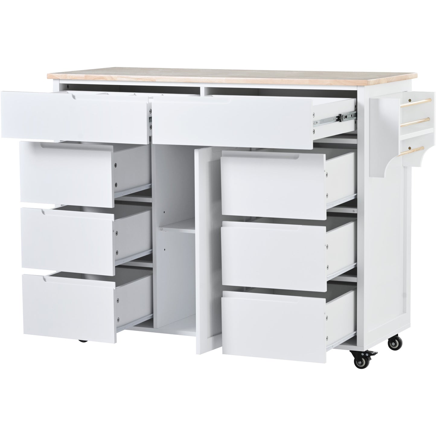 K&K Store Kitchen Cart with Rubber Wood Countertop , Kitchen Island has 8 Handle-Free Drawers Including a Flatware Organizer and 5 Wheels for Kitchen Dinning Room, White