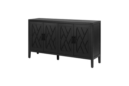 4 Door Wooden Twill Sideboard American Country Vintage Old Living Room Dining Room Hallway Entryway Cabinet (BLACK)