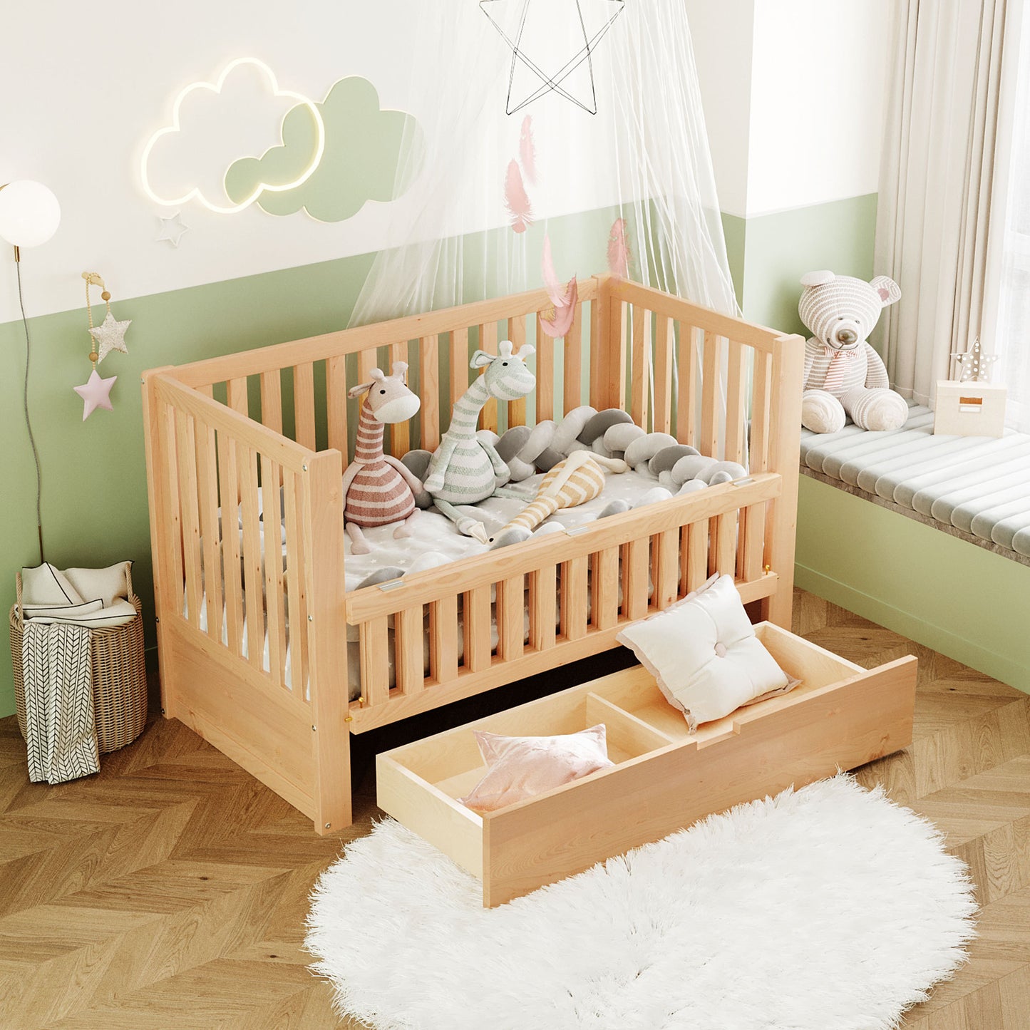 Convertible Crib/Full Size Bed with Drawers and 3 Height Options, Natural