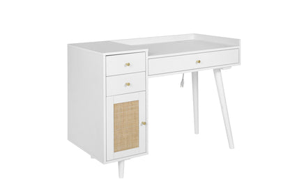 Makeup Vanity with Drawers, Mid-Century Dressing Table White Wood Desk with Rattan Door