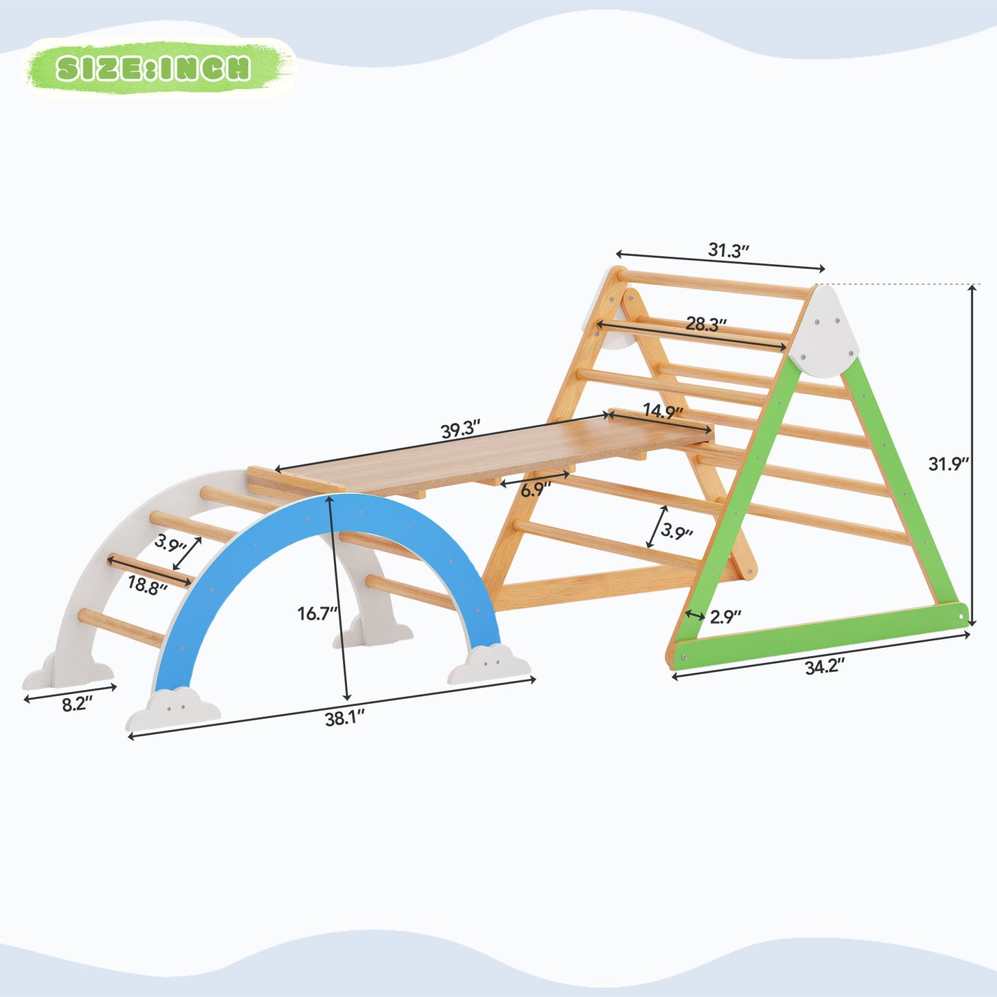 Wooden Climbing Triangle Toys - Indoor Arc Climber Jungle with Ramp and Arch Toy Rocker, Reversible Multifunction Playset Natural Wood Playground