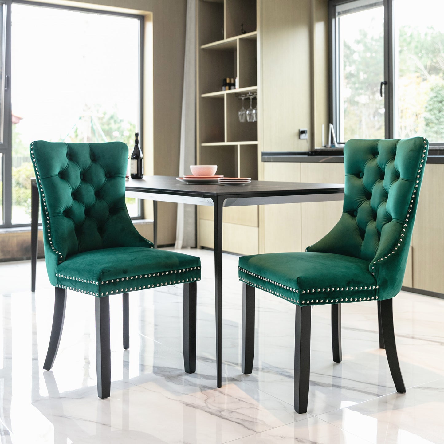 Nikki Collection Modern, High-end Tufted Solid Wood Contemporary Velvet Upholstered Dining Chair with Wood Legs Nailhead Trim 2-Pcs Set,Green, SW2001GN