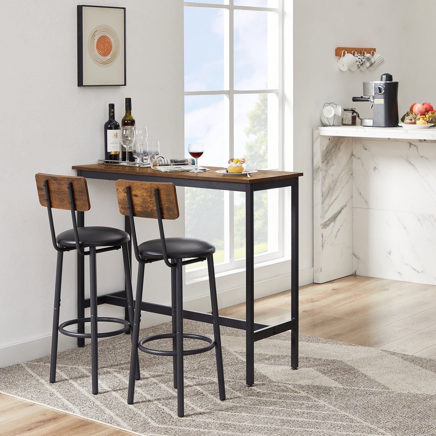 Bar Table Set with 2 Bar stools PU Soft seat with backrest, Rustic Brown,43.31'' L x 15.75'' W x 23.62'' H.