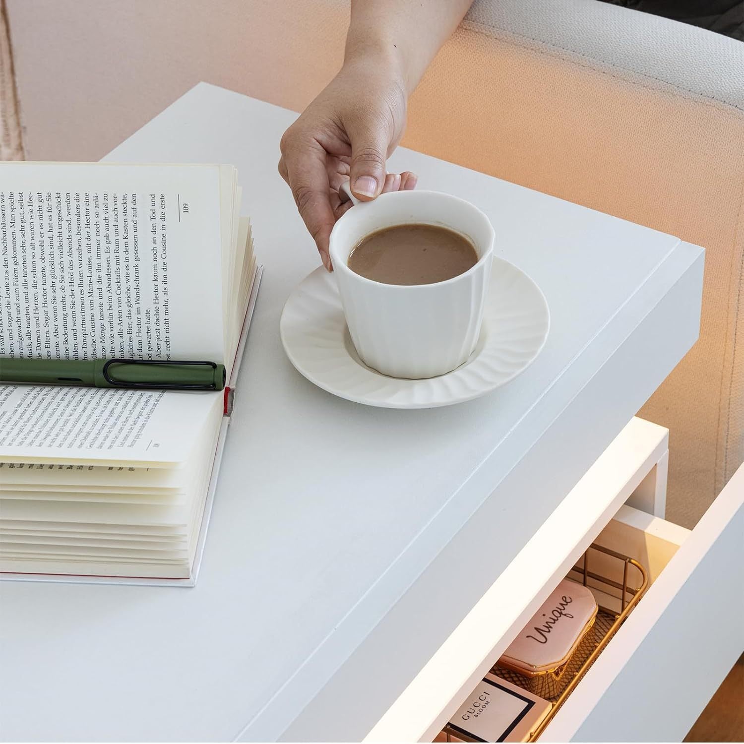 Nightstand LED Bedside Table Cabinet Lights Modern End Side with 2 Drawers for Bedroom (White Red)