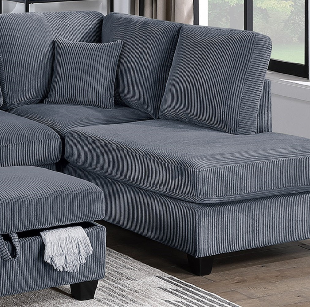 Contemporary Dark Gray 3pc Sectional Set Corduroy Upholstered LAF Sofa RAF Chaise Ottoman L-Sectional Living Room Furniture