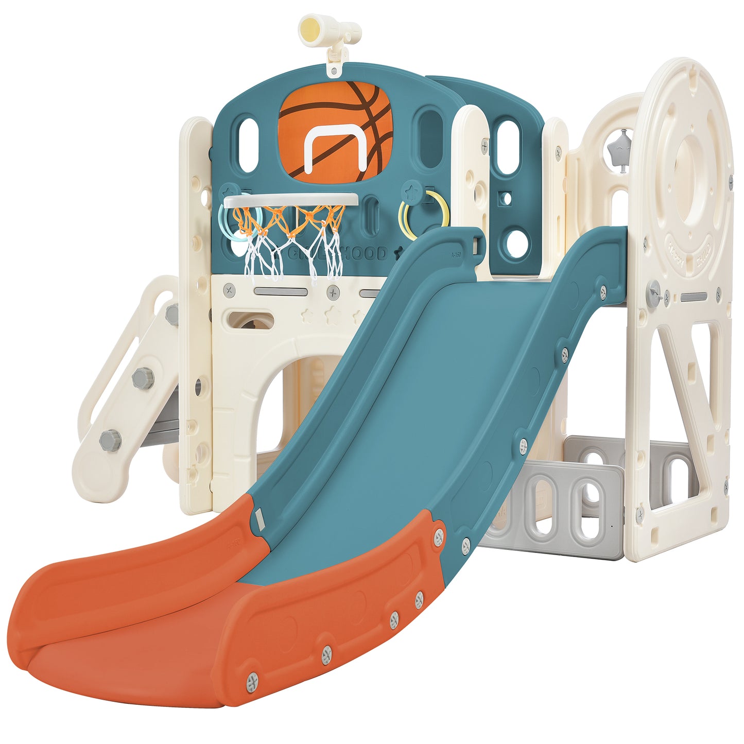 Kids Slide Playset Structure, Freestanding Castle Climbing Crawling Playhouse with Slide, Arch Tunnel, Ring Toss, and Basketball Hoop, Toy Storage Organizer for Toddlers, Kids Climbers Playground