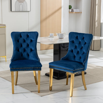 A&A Furniture,Nikki Collection Modern, High-end Tufted Solid Wood Contemporary Velvet Upholstered Dining Chair with Golden Stainless Steel Plating Legs,Nailhead Trim,Set of 2,Blue and Gold, SW1601BL