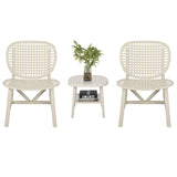 3 Pieces Hollow Design Retro Patio Table Chair Set All Weather Conversation Bistro Set Outdoor Table with Open Shelf and Lounge Chairs with Widened Seat for Balcony Garden Yard White