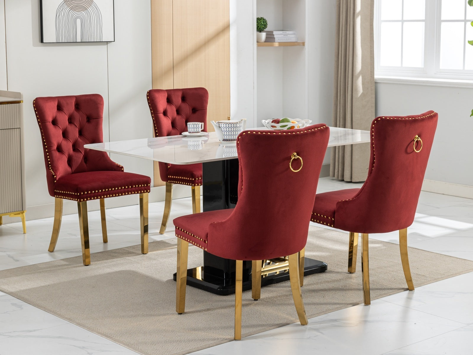 Nikki Collection Modern, High-end Tufted Solid Wood Contemporary Velvet Upholstered Dining Chair with Golden Stainless Steel Plating Legs,Nailhead Trim,Set of 2,Wine Red and Gold, SW1601WR,Burgundy