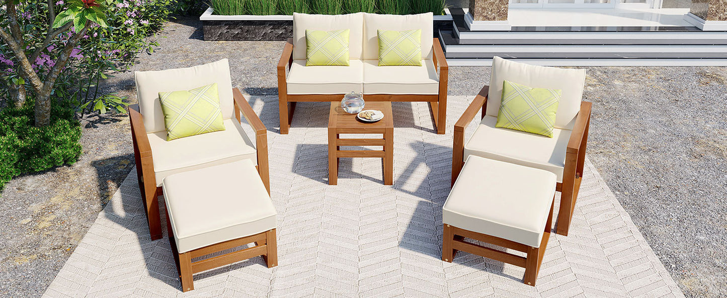 TOPMAX Outdoor Patio Wood 6-Piece Conversation Set, Sectional Garden Seating Groups Chat Set with Ottomans and Cushions for Backyard, Poolside, Balcony, Beige