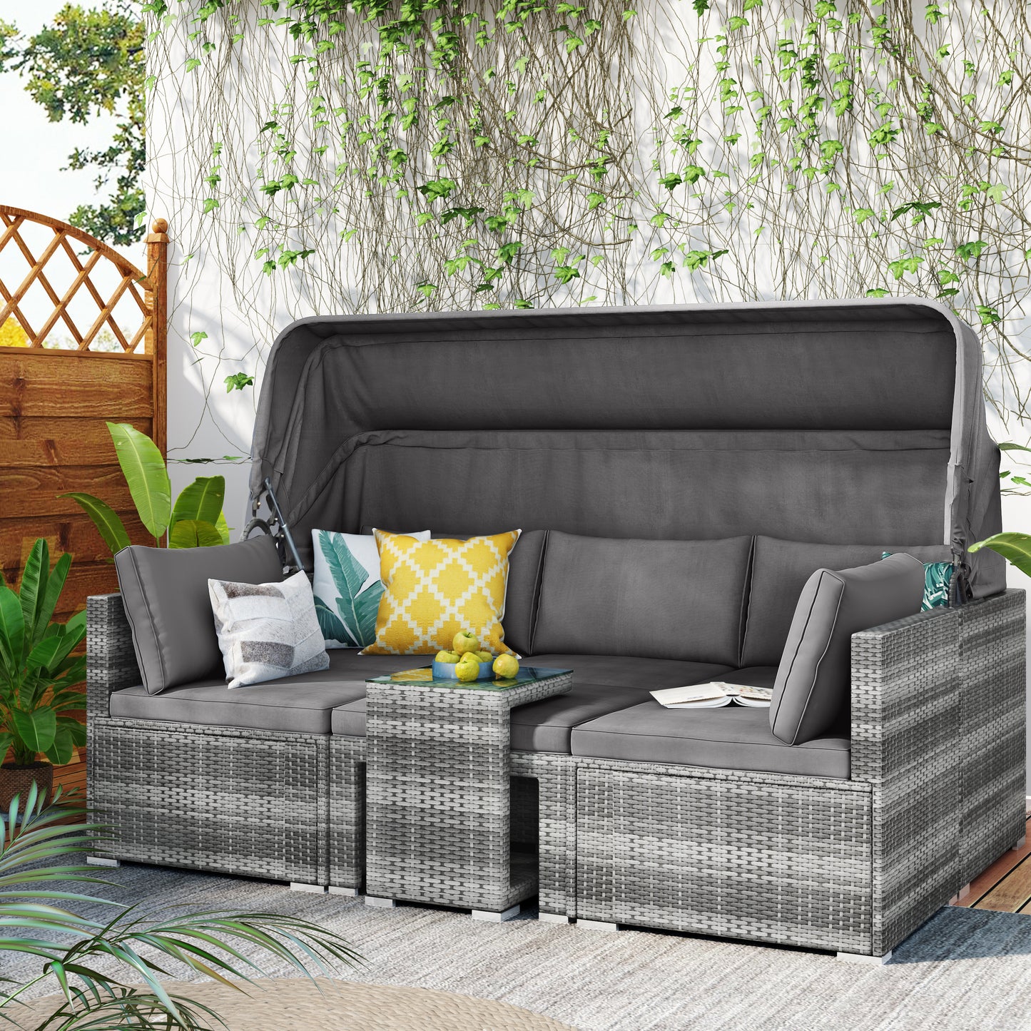 TOPMAX 5 Pieces Outdoor Sectional Patio Rattan Sofa Set Rattan Daybed , PE Wicker Conversation Furniture Set w/ Canopy and Tempered Glass Side Table, Gray