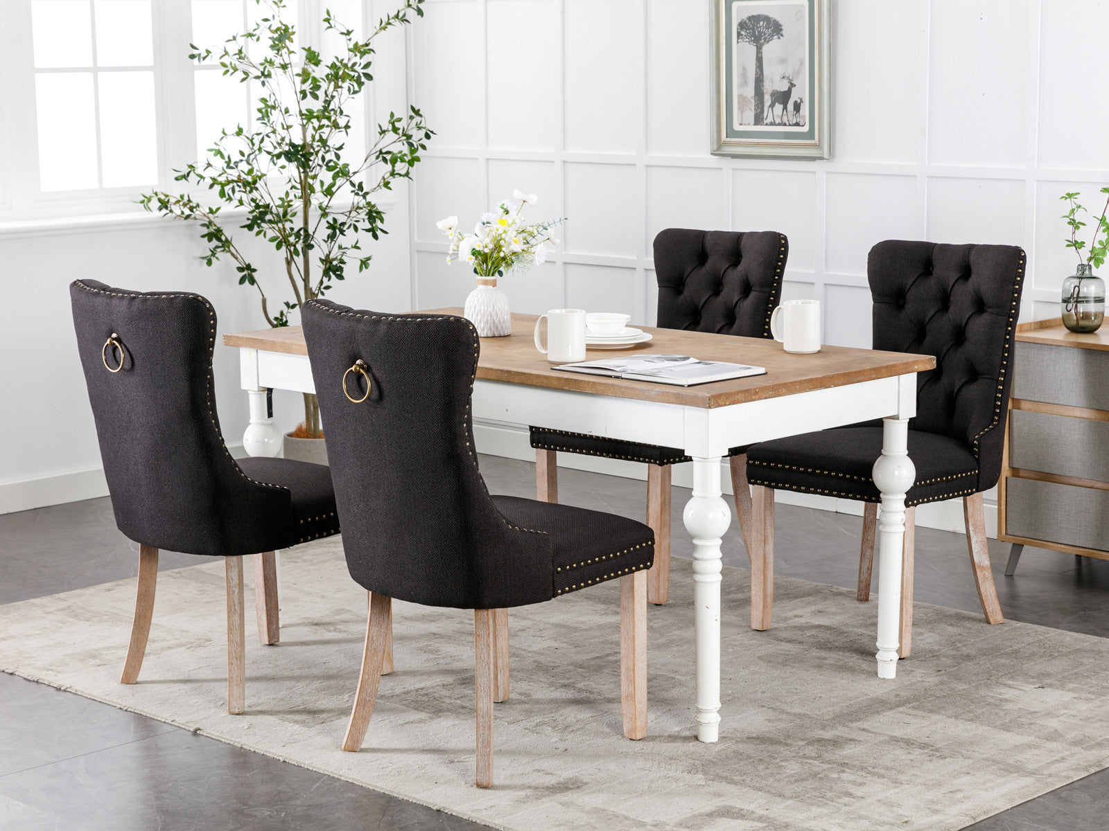 Nikki Collection Modern, High-end Tufted Solid Wood Contemporary Flax Upholstered Linen Dining Chair with Wood Legs Nailhead Trim 2-Pcs Set,Black Linen, SW6801BK