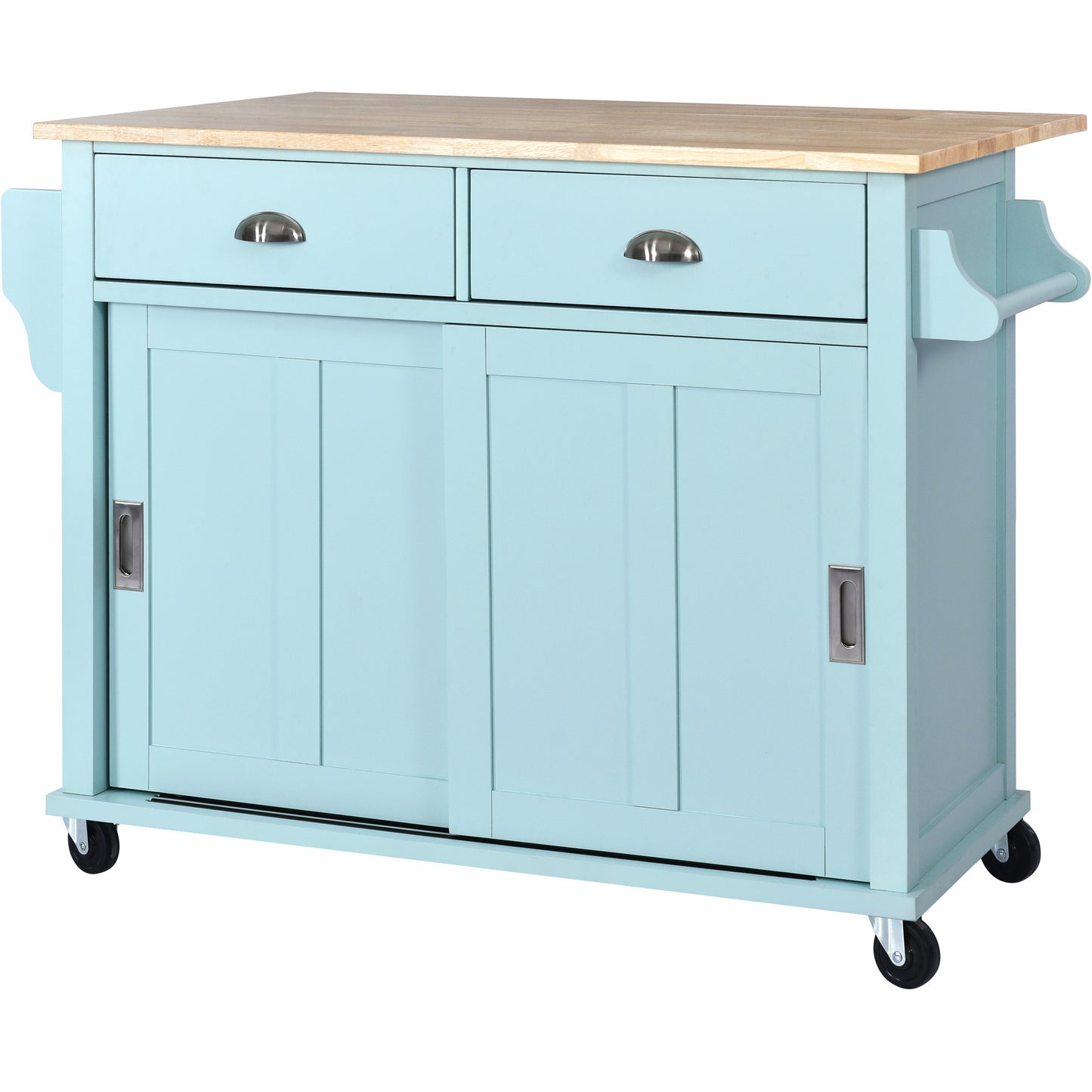 Kitchen Cart with Rubber wood Drop-Leaf Countertop, Concealed sliding barn door adjustable height,Kitchen Island on 4 Wheels with Storage Cabinet and 2 Drawers,L52.2xW30.5xH36.6 inch, Mint Green