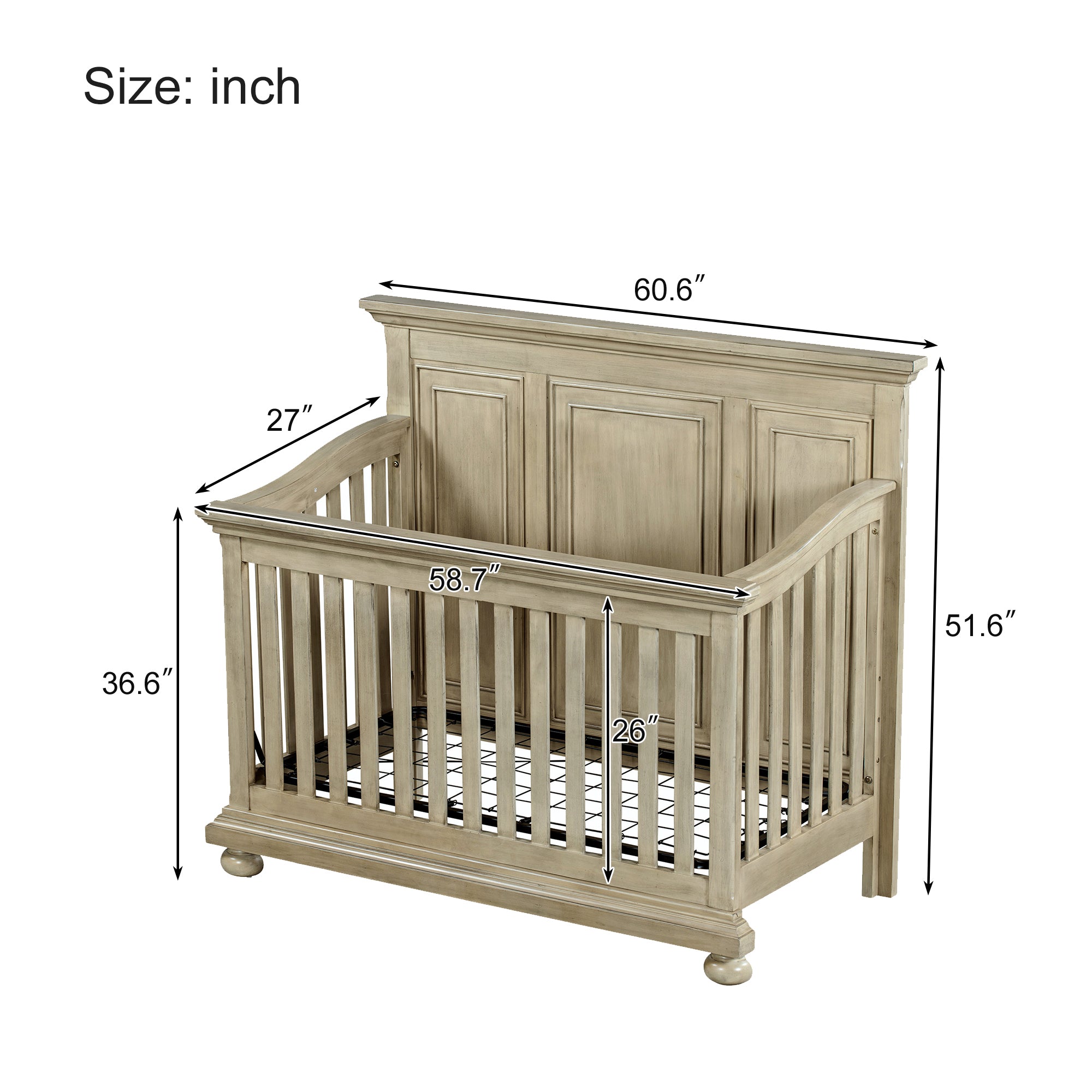 Traditional Farmhouse Style 4-in-1 Full Size Convertible Crib - Converts to Toddler Bed, Daybed and Full-Size Bed, Stone Gray