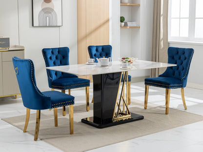 A&A Furniture,Nikki Collection Modern, High-end Tufted Solid Wood Contemporary Velvet Upholstered Dining Chair with Golden Stainless Steel Plating Legs,Nailhead Trim,Set of 2,Blue and Gold, SW1601BL