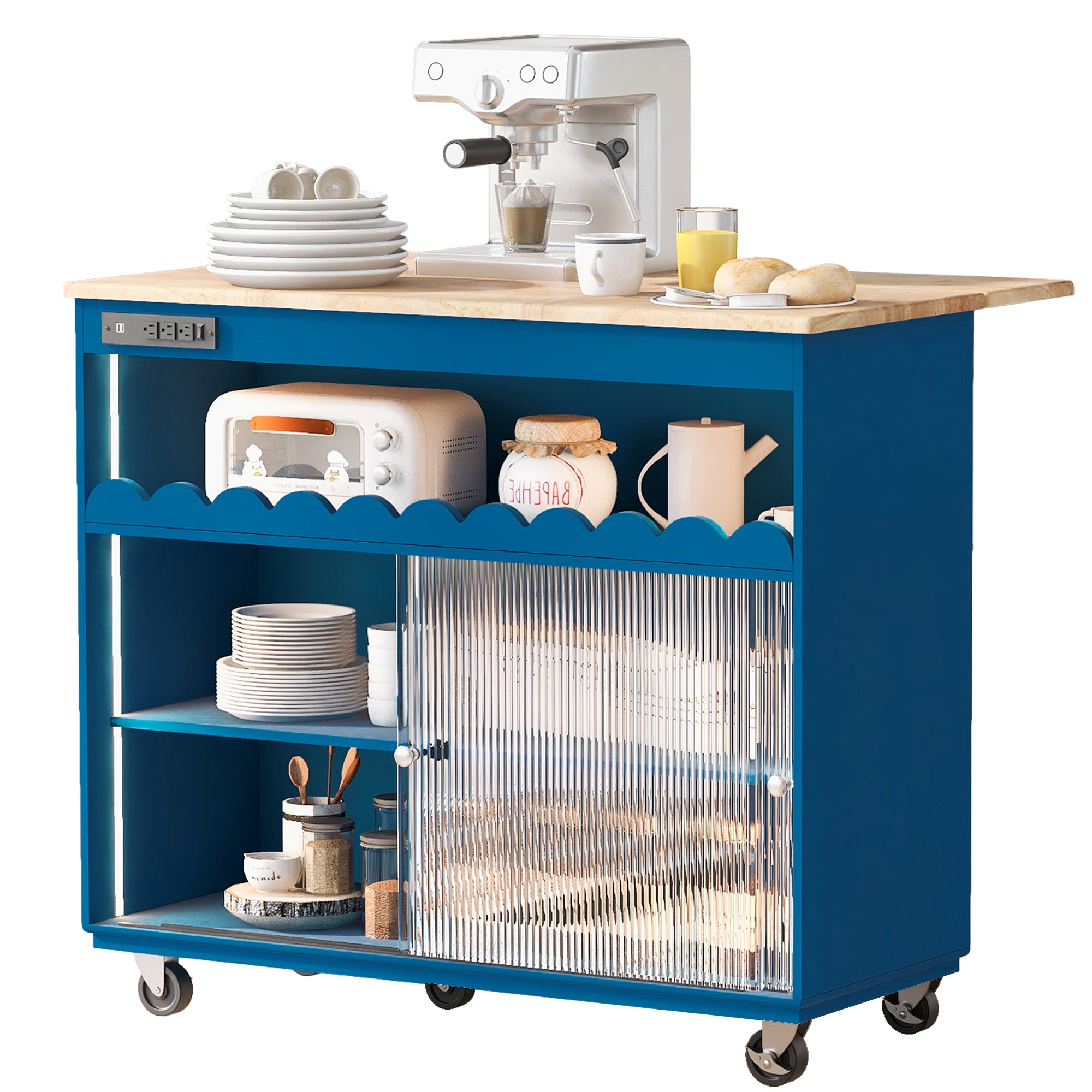 Kitchen Island with Drop Leaf, LED Light Kitchen Cart on Wheels with Power Outlets, 2 Sliding Fluted Glass Doors, Large Kitchen Island Cart with 2 Cabinet and 1 open Shelf (Navy Blue)