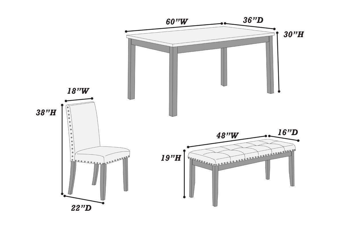 Dining Room Furniture Modern 6pcs Set Dining Table 4x Side Chairs and A Bench Beige Polyfiber Rubberwood Nailheads Faux Marble Top