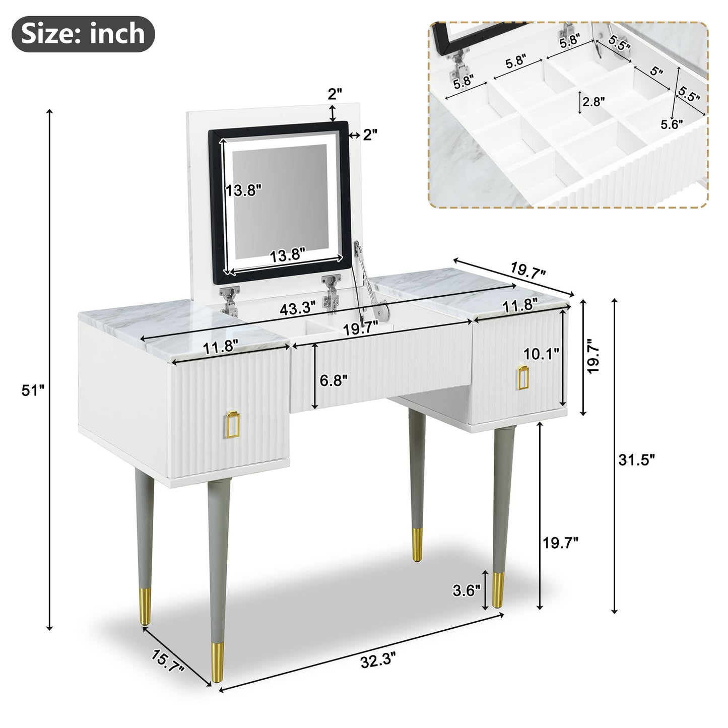 43.3" Modern Vanity Table Set with Flip-top Mirror and LED Light, Dressing Table with Customizable Storage, Marble-style Stickers Tabletop, White and Gray