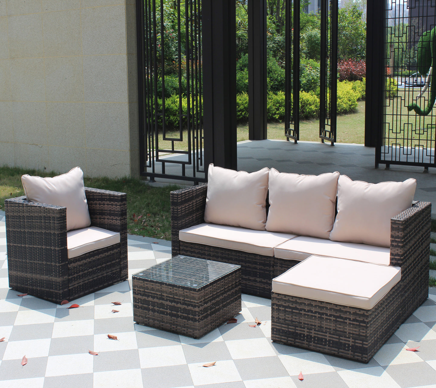 Rattan Patio Furniture Set Wicker Sofa Cushioned Sectional Furniture Set Garden Patio Sofa Set (4 Pieces, Brown)