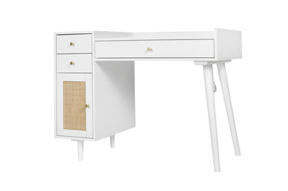 Makeup Vanity with Drawers, Mid-Century Dressing Table White Wood Desk with Rattan Door