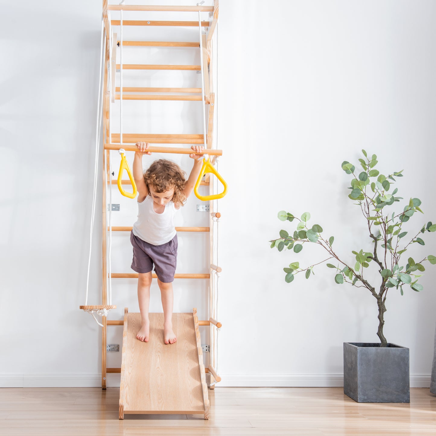 Wooden Climbing Toy Sets for Toddlers - Indoor Toy Gym Playset for Kids with Plate Swing Slide Rings, Wall Mounted Natural Wood Play Gym