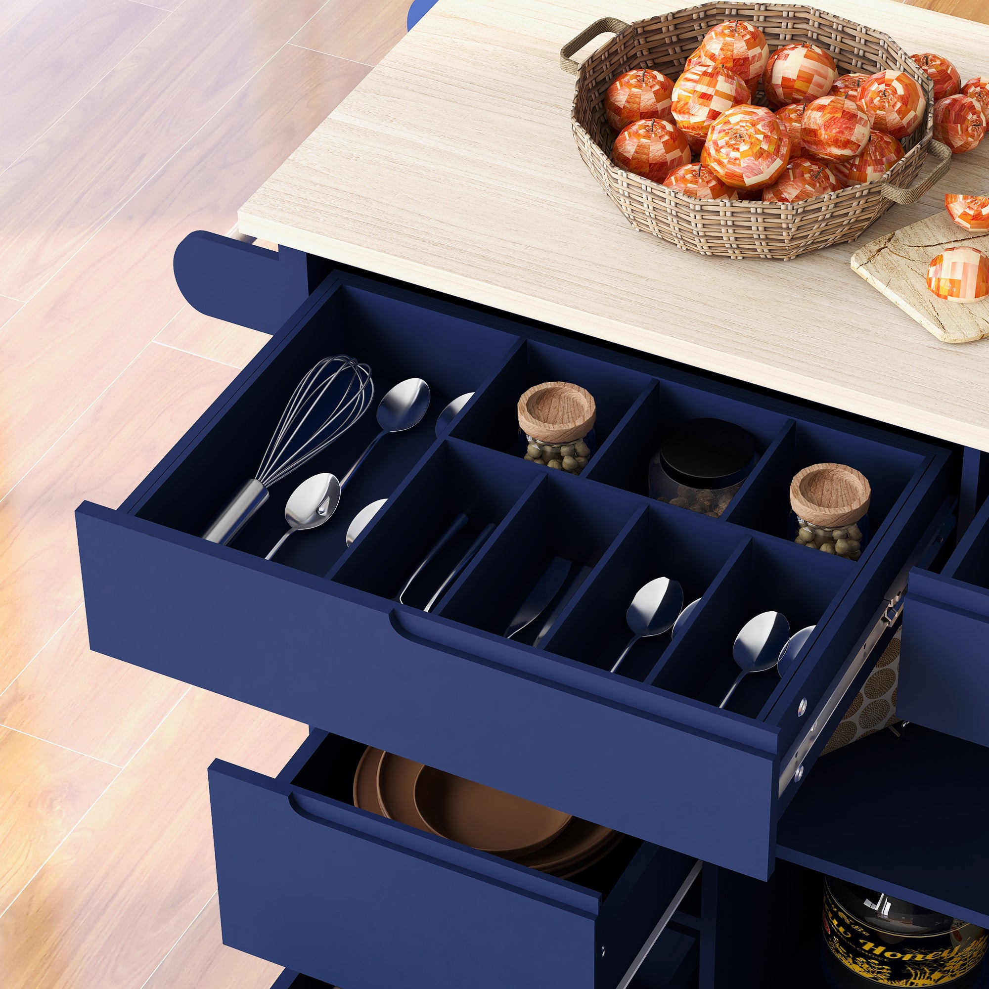 K&K Store Kitchen Cart with Rubber Wood Countertop , Kitchen Island has 8 Handle-Free Drawers Including a Flatware Organizer and 5 Wheels for Kitchen Dinning Room, Dark Blue