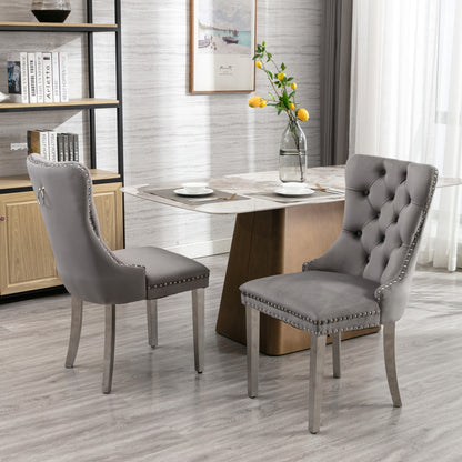 A&A Furniture,Nikki Collection Modern, High-end Tufted Solid Wood Contemporary Velvet Upholstered Dining Chair with Chrome Stainless Steel Plating Legs,Nailhead Trim,Set of 2,Gray and Chrome, SW1701GY