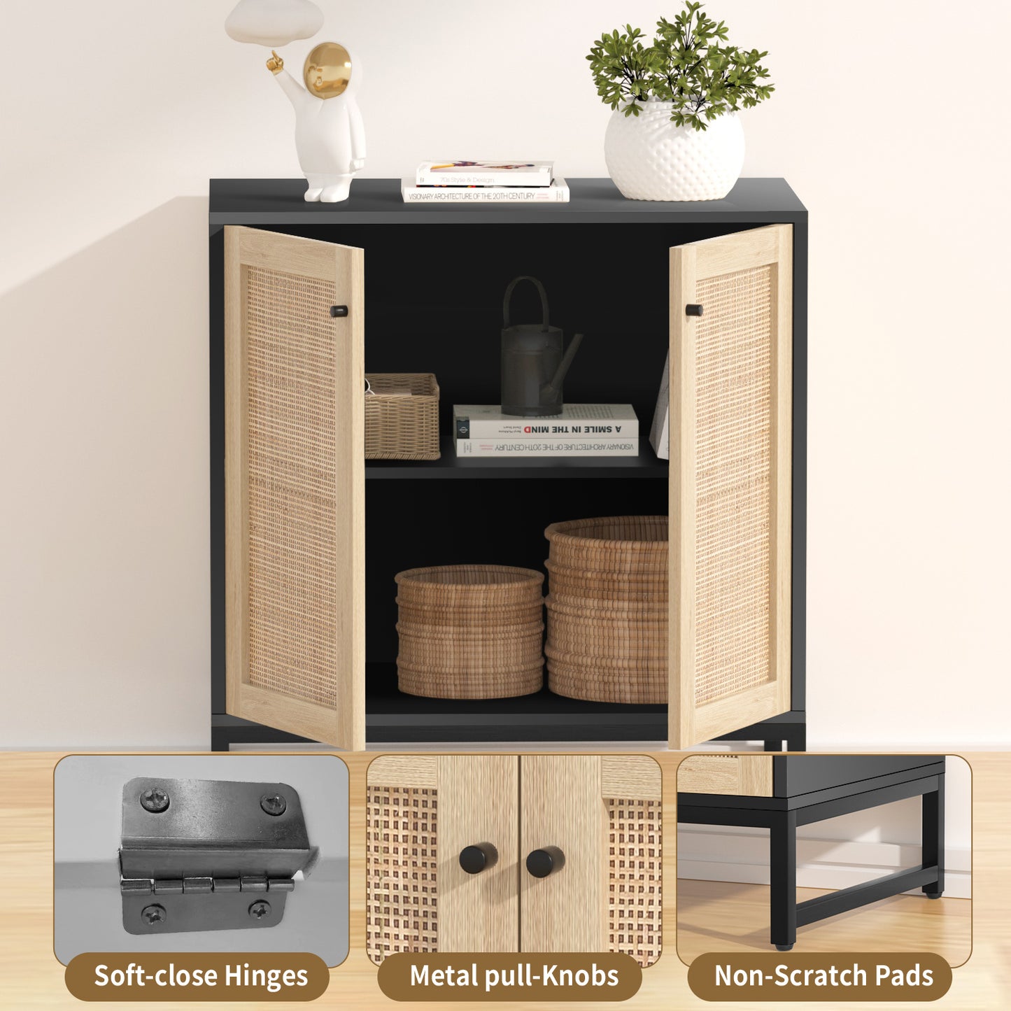 Glavbiku Modern 2 Door Rattan Storage Cabinet,Accent Furniture with Anti-Slip Foot Pad,29inch