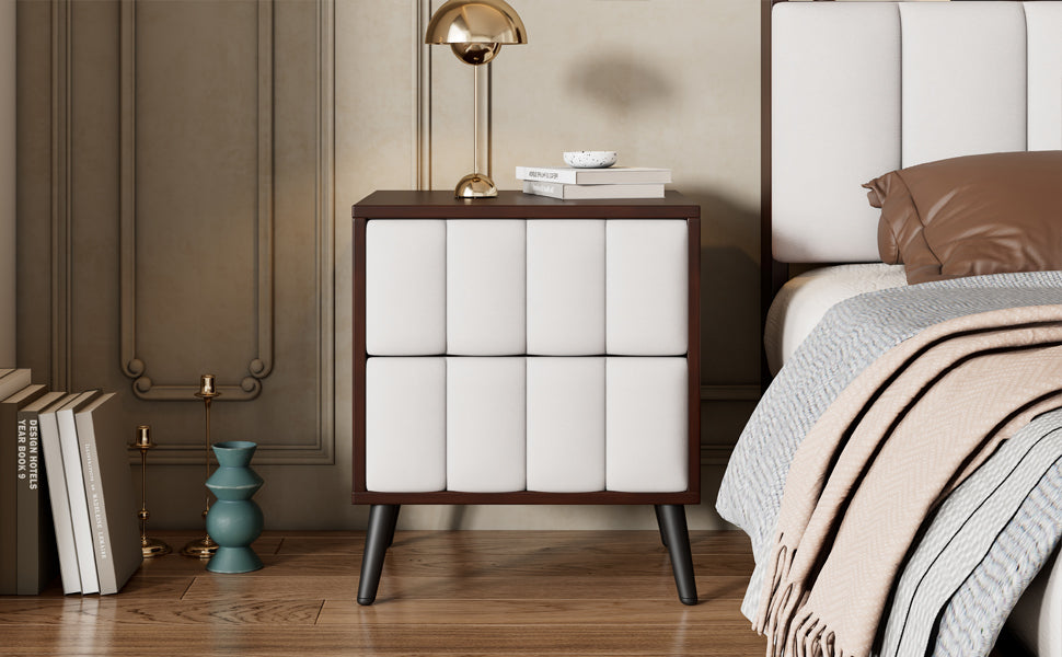 2-Drawer Nightstand for Bedroom, Mordern Wood+Linen Bedside Table with Classic Design,Walnut+Beige